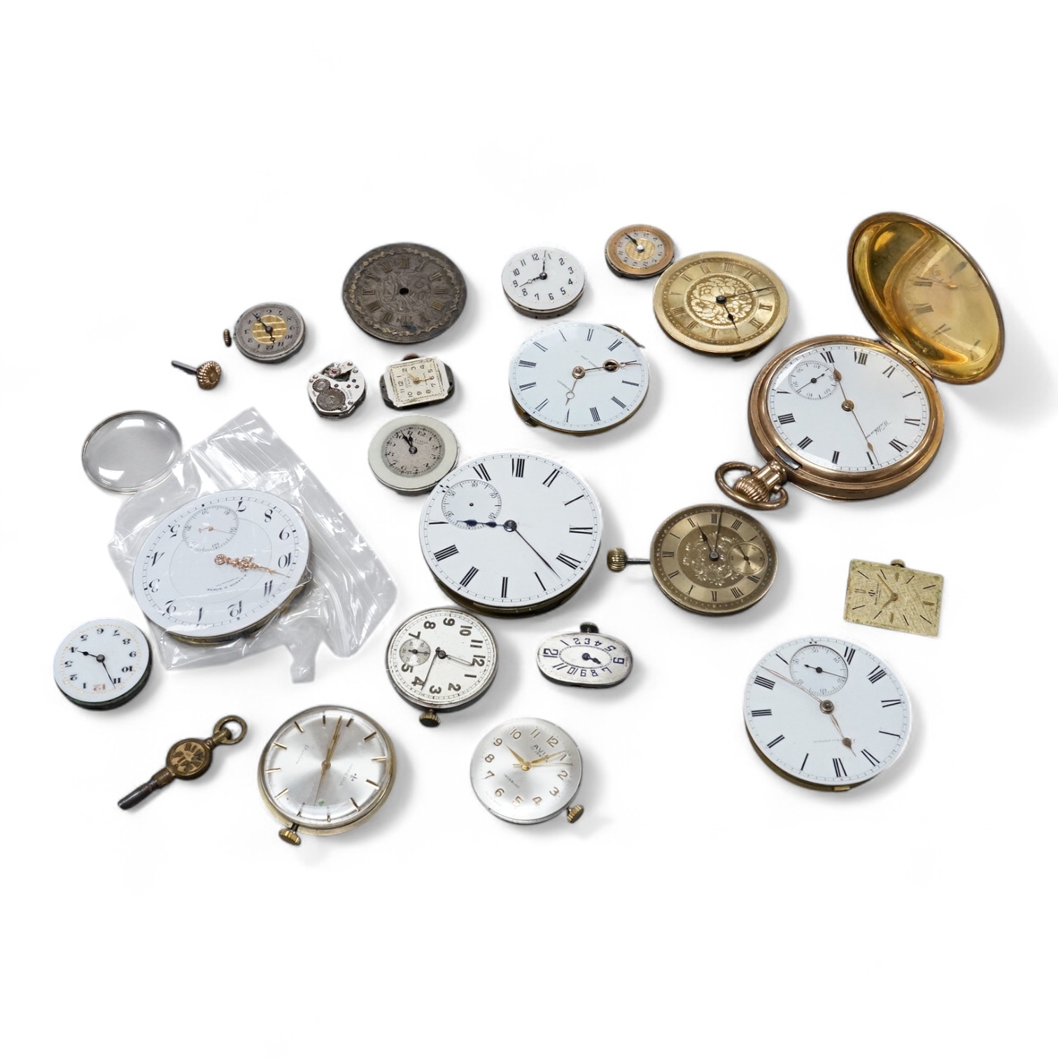 A gold plated Waltham hunter keyless pocket watch, with Roman dal and subsidiary seconds, case diameter 50mm, together with a group of wrist pocket and fob watch movements, etc.